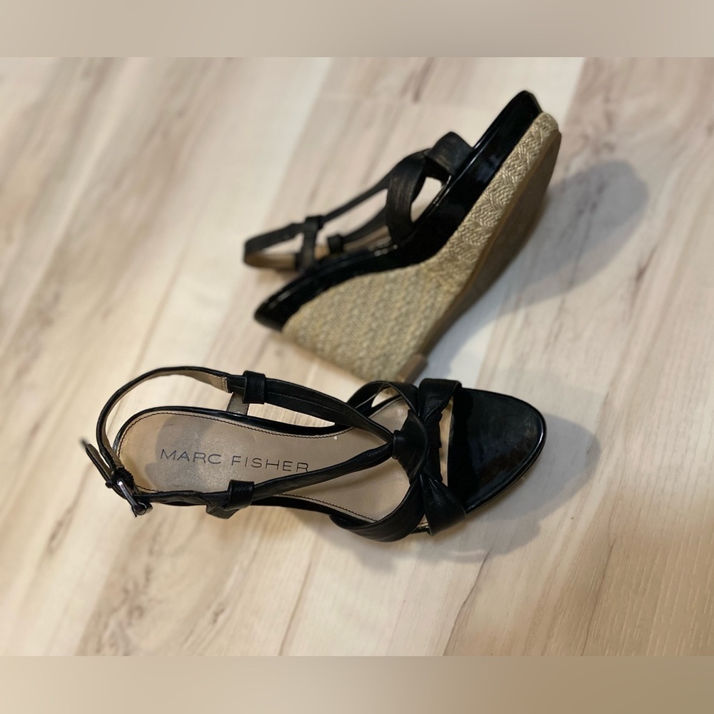 Marc Fisher~Black Leather~Platform Wedge Heel~Buckle Closure~Sandal~Size 6.5